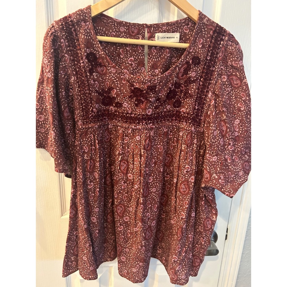 Lucky Brand Womens XL Burgundy Paisley Embroidered Velvet Trim Babydoll Top